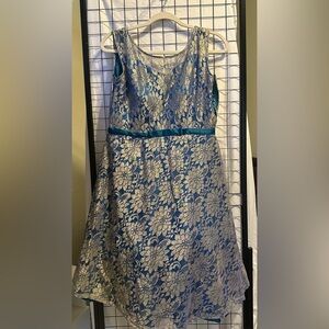 Custom Prom dress (Silver Lace with Teal/Blue lining, mesh top, and petticoat)